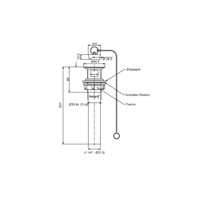 Desagüe plástico blanco 1 1/4 tapón cadena ITALGRIF